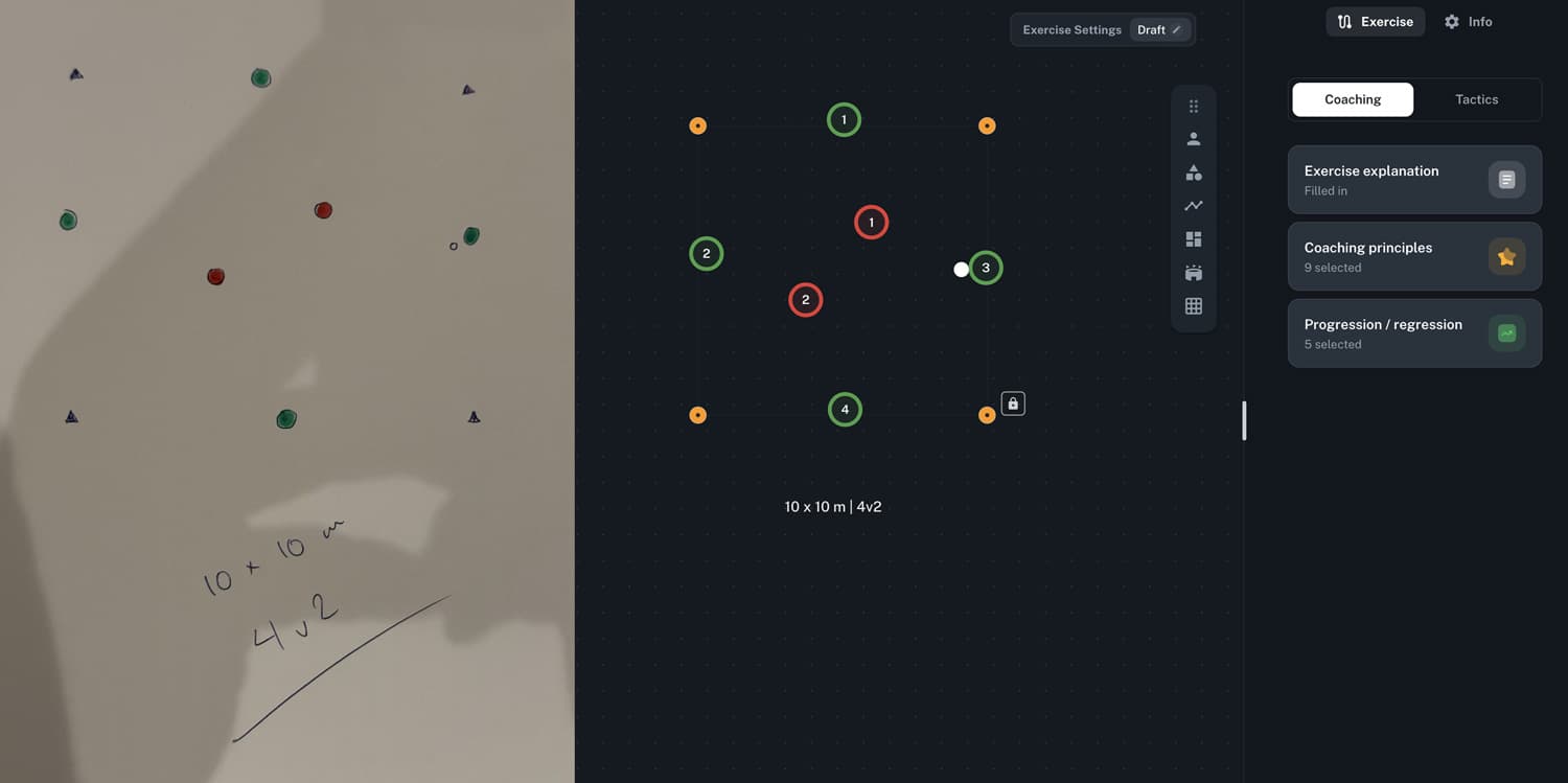 A whiteboard photo with magnets showing a football exercise next to the Driblo app displaying the same exercise digitally recreated with players, cones, and filled-in coaching metadata