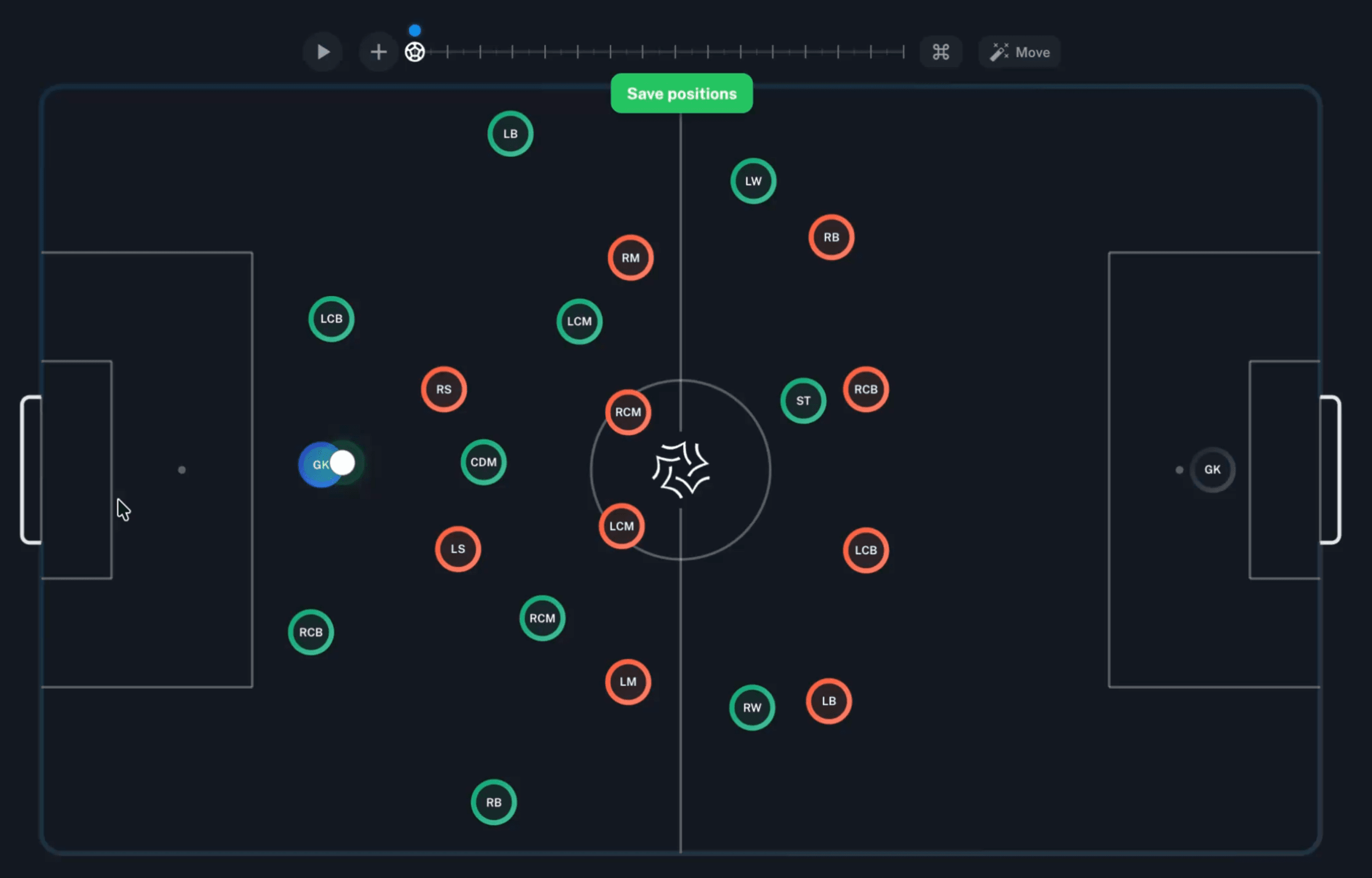 Driblo tactical board showing two teams with AI-suggested player positions - green team in possession near their goal, orange team pressing high
