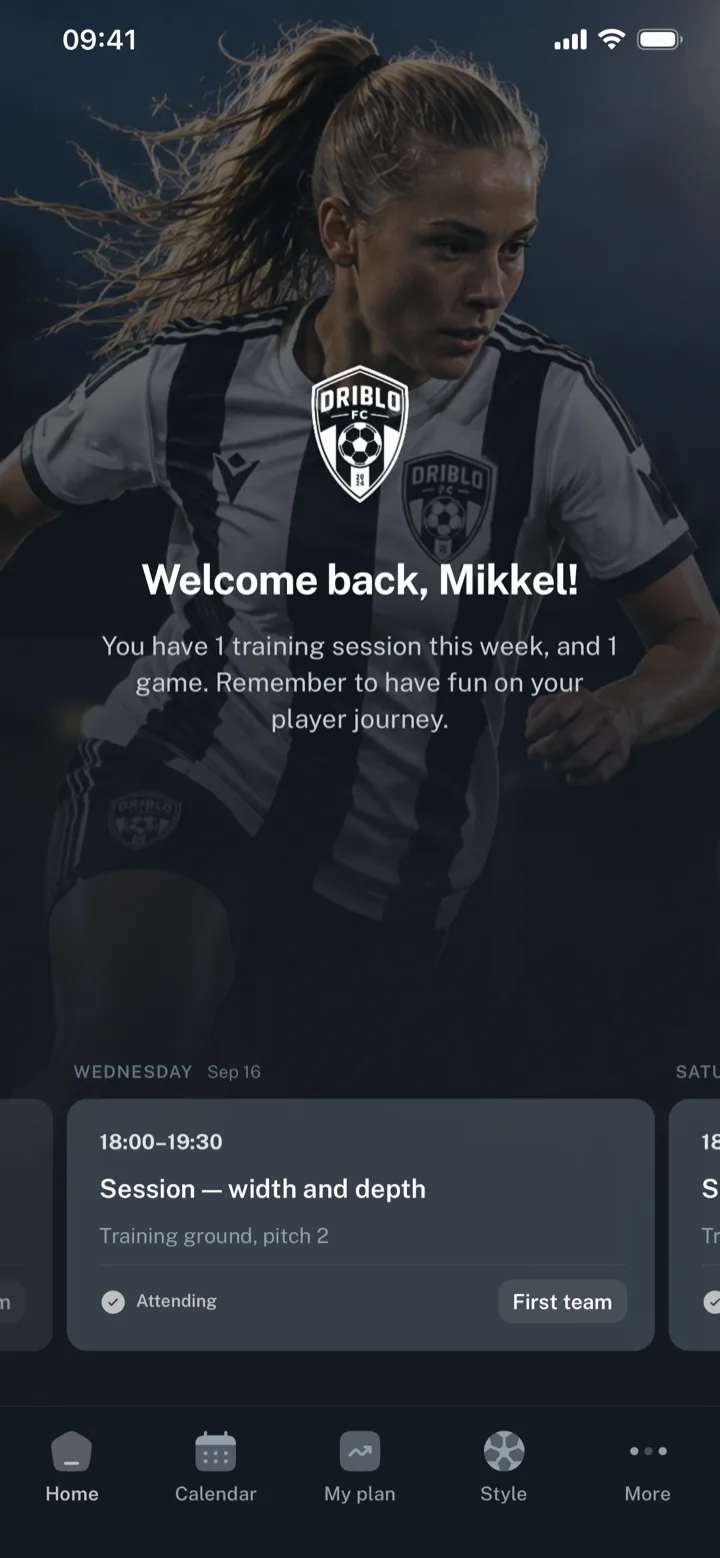 Driblo Player-appen på en iPhone med ukens økter og kamper